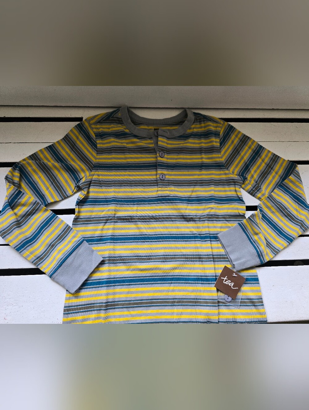 Tea Collection Yellow, Gray & Blue Striped Long-Sleeve Henley